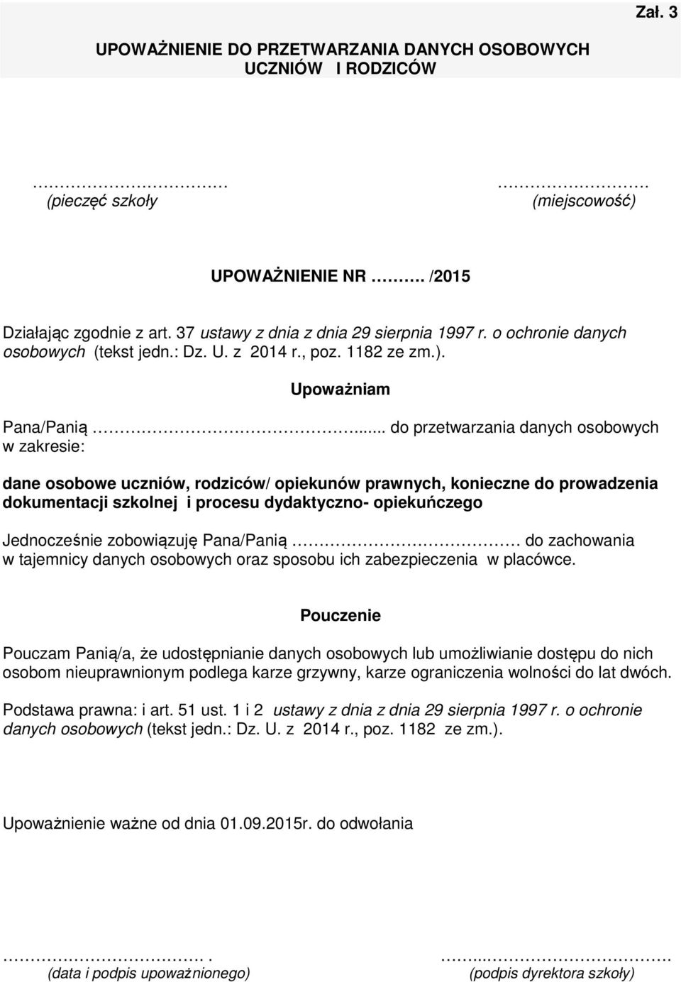 UPOWAŻNIENIE DO PRZETWARZANIA DANYCH OSOBOWYCH PRACOWNIKÓW ... UPOWAŻNIENIE  NR. / PDF Free Download