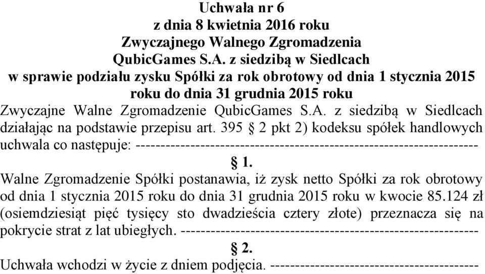 Walne Zgromadzenie Spółki postanawia, iż zysk netto Spółki za rok obrotowy od dnia 1 stycznia 2015 roku do dnia 31 grudnia 2015 roku w kwocie 85.