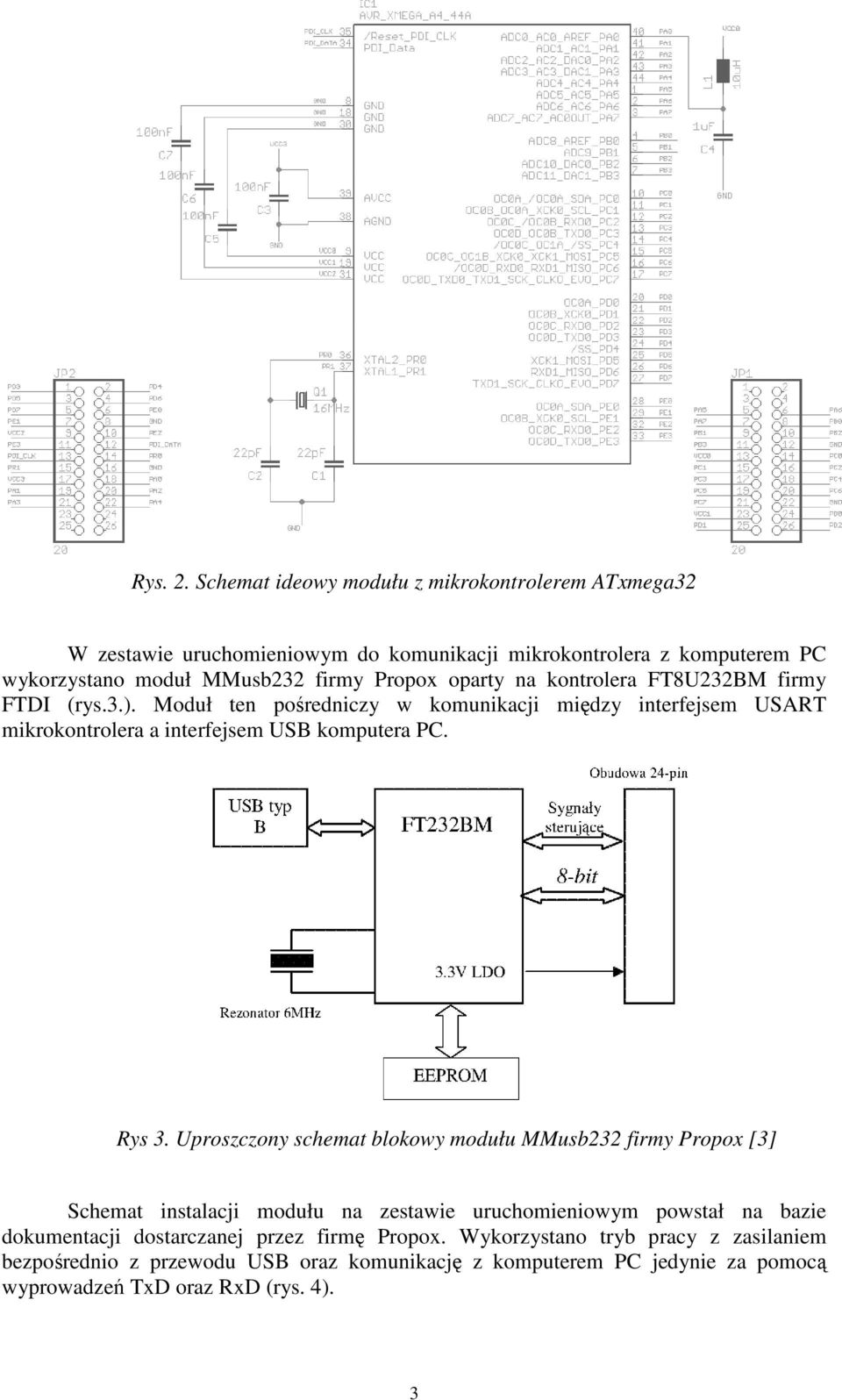 oparty na kontrolera FT8U232BM firmy FTDI (rys.3.). Moduł ten pośredniczy w komunikacji między interfejsem USART mikrokontrolera a interfejsem USB komputera PC. Rys 3.