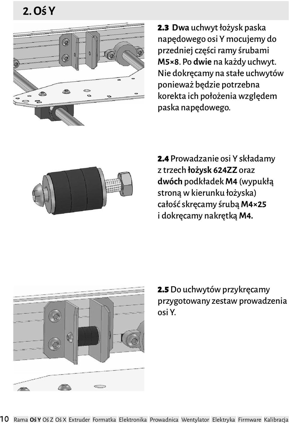 Nie dokręcamy na stałe uchwytów ponieważ będzie potrzebna korekta ich położenia względem paska napędowego. 2.