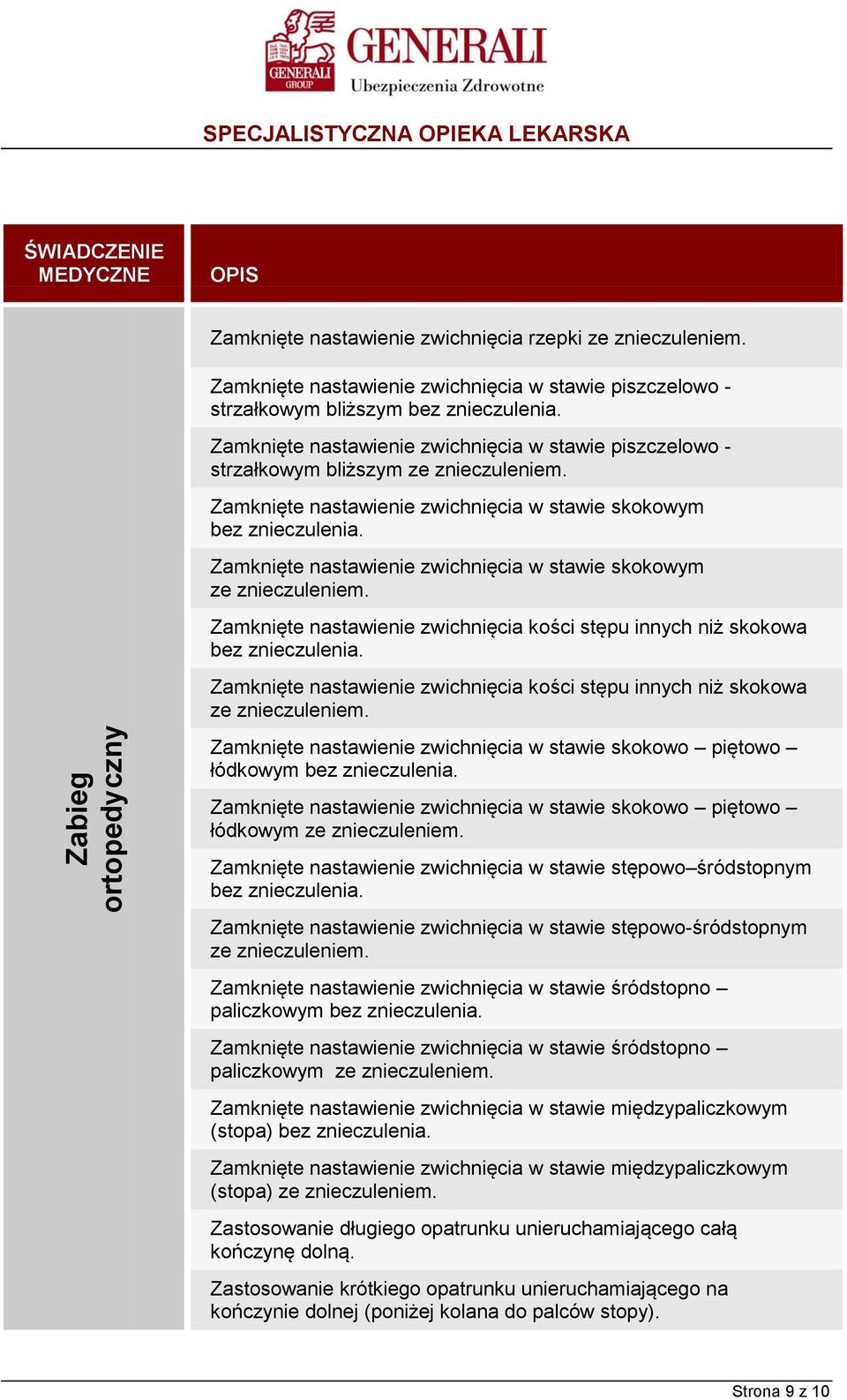 Zamknięte nastawienie zwichnięcia w stawie skokowym ze znieczuleniem. Zamknięte nastawienie zwichnięcia kości stępu innych niż skokowa bez znieczulenia.