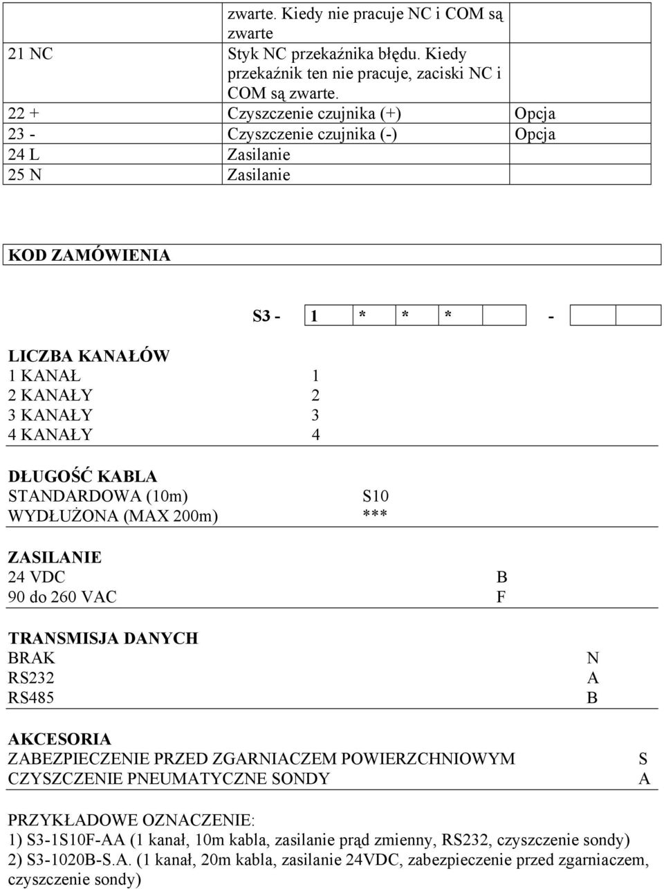 STANDARDOWA (10m) S10 WYDŁUŻONA (MAX 200m) *** S3-1 * * * - ZASILANIE 24 VDC B 90 do 260 VAC F TRANSMISJA DANYCH BRAK RS232 RS485 N A B AKCESORIA ZABEZPIECZENIE PRZED ZGARNIACZEM