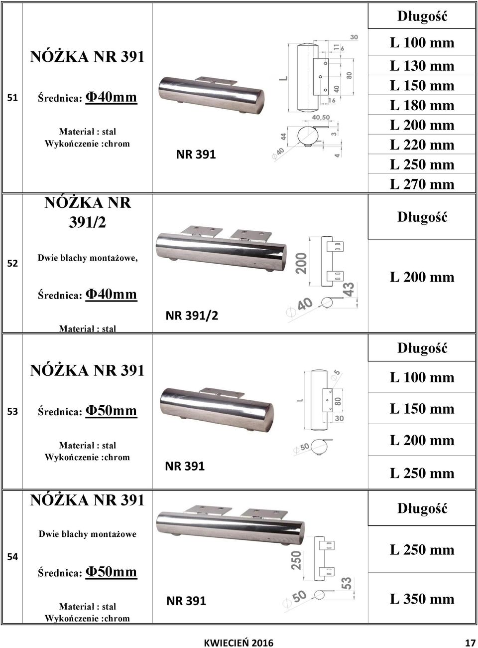 Φ40mm L 200 mm 391 NR 391/2 L 100 mm 53 L 150 mm NR 391 L 200 mm L 250