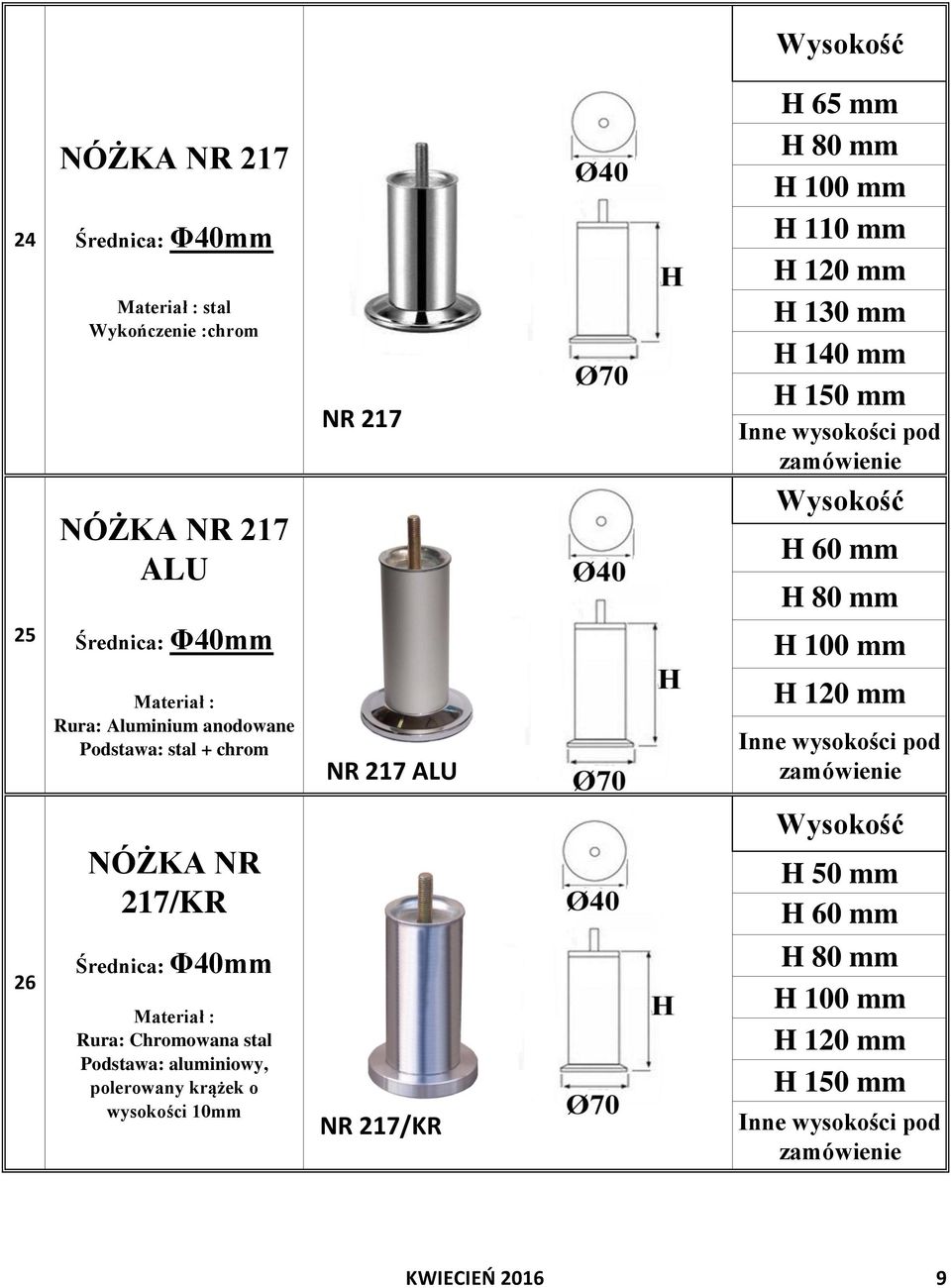 ALU zamówienie 217/KR H 50 mm H 60 mm 26 Średnica: Φ40mm Materiał : Rura: Chromowana stal