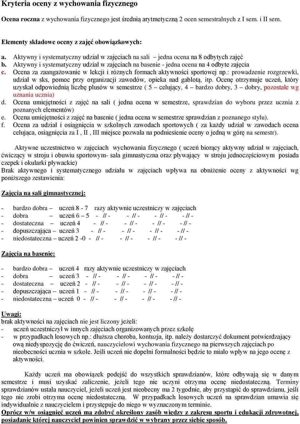 Ocena za zaangażowanie w lekcji i różnych formach aktywności sportowej np.: prowadzenie rozgrzewki, udział w sks, pomoc przy organizacji zawodów, opieka nad gablotą, itp.