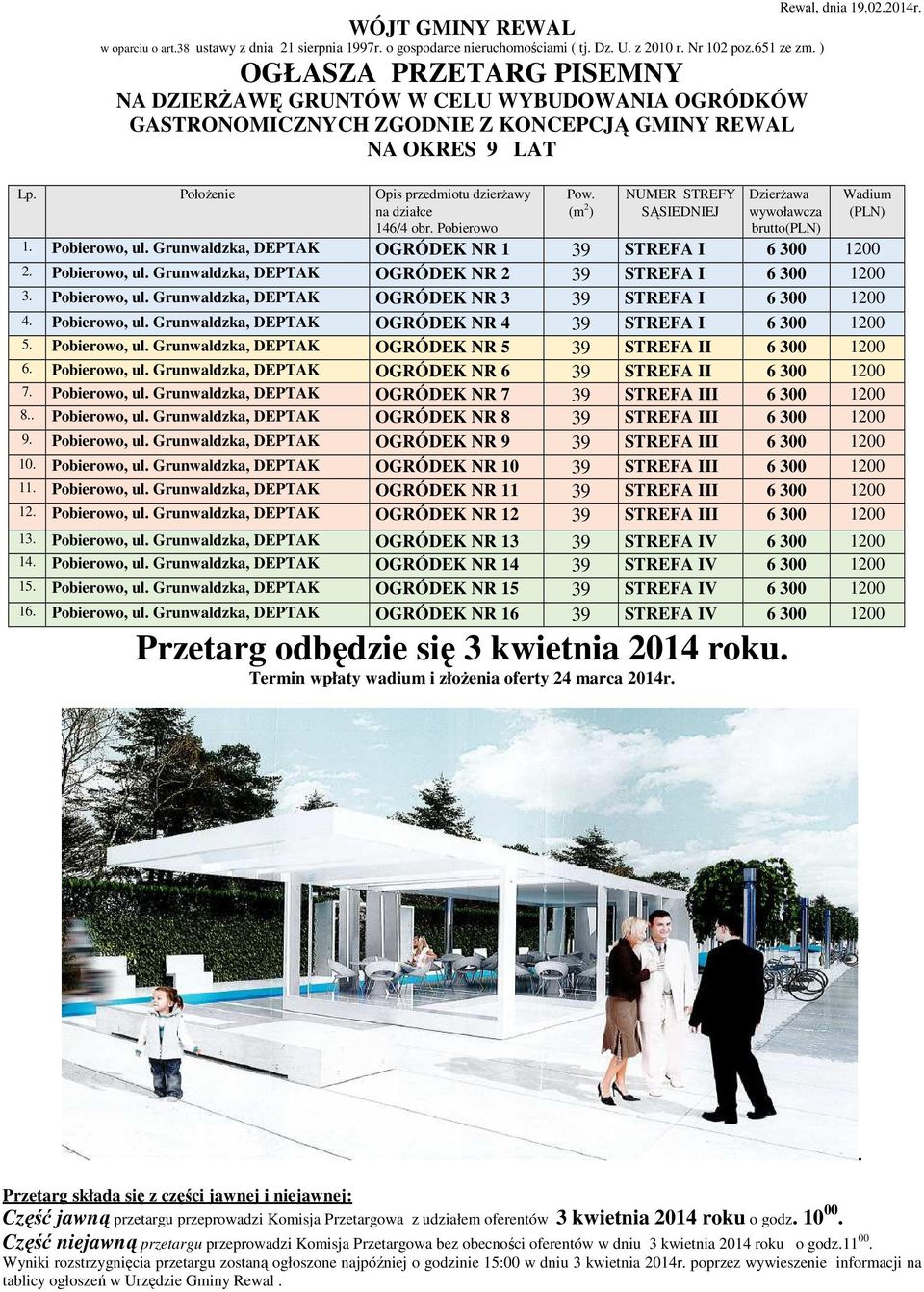 Położenie Opis przedmiotu dzierżawy na działce 146/4 obr. Pobierowo Pow. (m 2 ) NUMER STREFY SĄSIEDNIEJ Rewal, dnia 19.02.2014r. Dzierżawa wywoławcza brutto(pln) Wadium (PLN) 1. Pobierowo, ul.