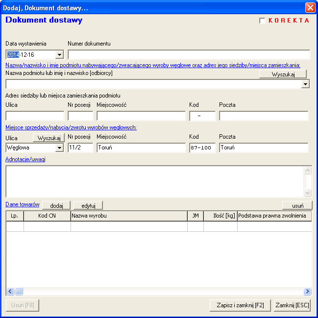 4.6.1 Okno Dokument dostawy Okno uruchamiane jest z poziomu okna danych przyciskiem Dodaj lub Edytuj lub Usuń.