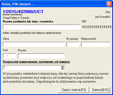 UWAGA: w polu Rozpocznij numerowanie dokumentów od numeru należy dla pierwszej bazy wskazać 1, dla kolejnych baz tej samej firmy należy wpisać w tym polu numer