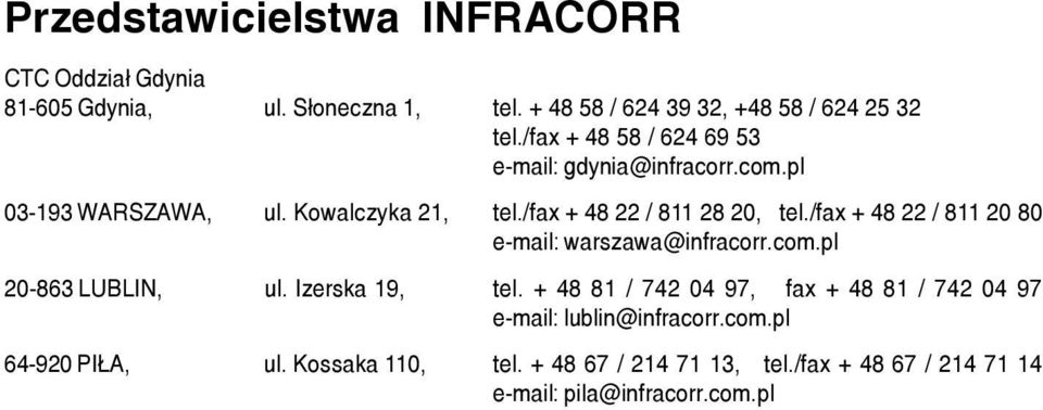 /fax + 48 22 / 811 20 80 e-mail: warszawa@infracorr.com.pl 20-863 LUBLIN, ul. Izerska 19, tel.