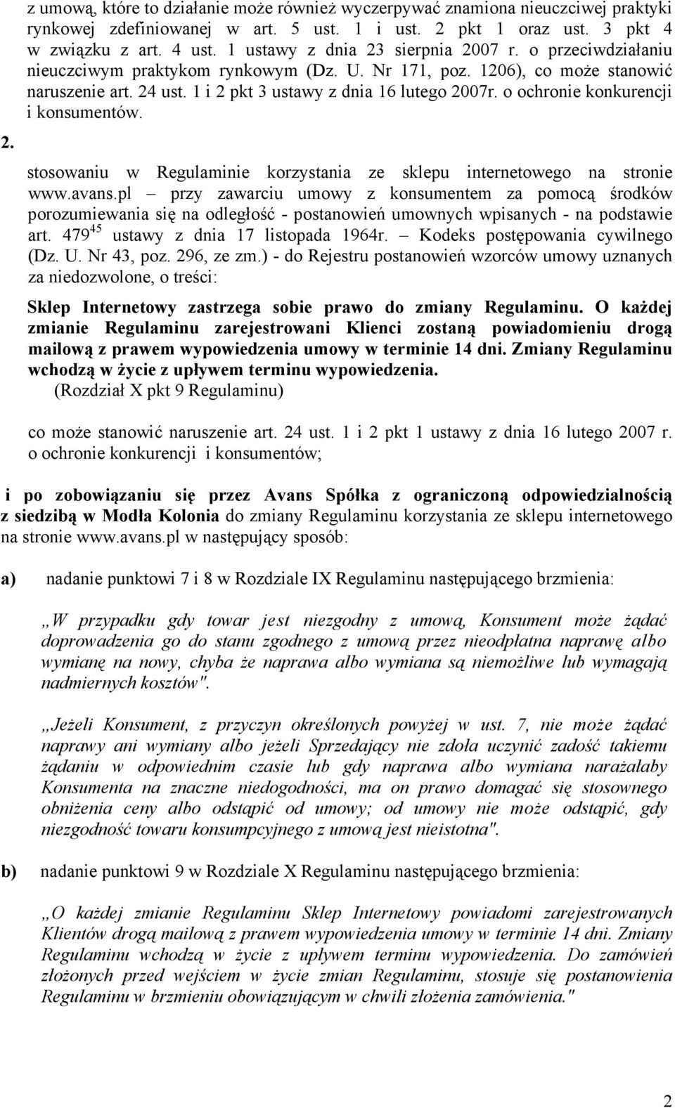 o ochronie konkurencji i konsumentów. stosowaniu w Regulaminie korzystania ze sklepu internetowego na stronie www.avans.