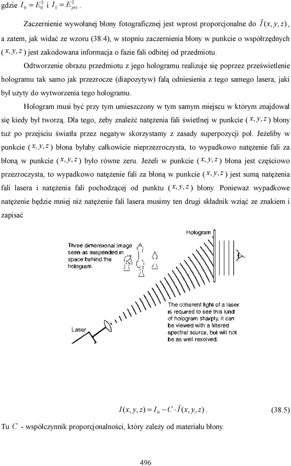 Odtworzenie obrazu przedmiotu z jego hologramu realizuje się poprzez prześwietlenie hologramu tak samo jak przezrocze (diapozytyw) falą odniesienia z tego samego lasera, jaki był użyty do wytworzenia