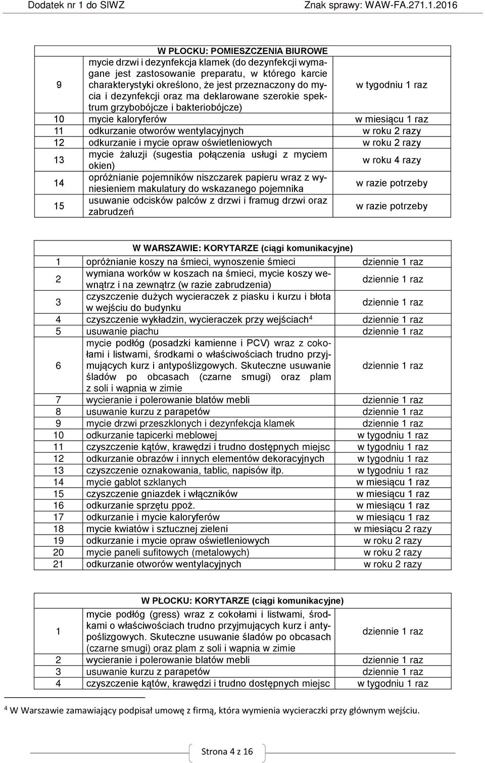 opraw oświetleniowych w roku razy mycie żaluzji (sugestia połączenia usługi z myciem okien) w roku razy opróżnianie pojemników niszczarek papieru wraz z wyniesieniem makulatury do wskazanego