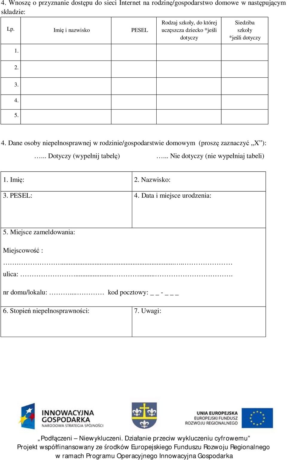 5. 4. Dane osoby niepe nosprawnej w rodzinie/gospodarstwie domowym (prosz zaznaczy X ):... Dotyczy (wype nij tabel ).