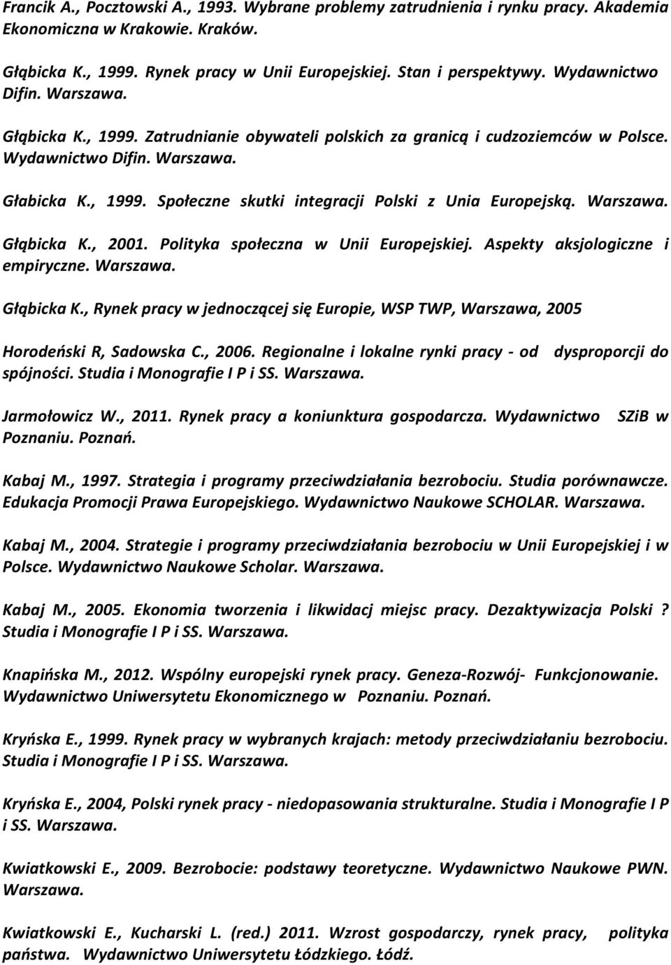 Głąbicka K., 2001. Polityka społeczna w Unii Europejskiej. Aspekty aksjologiczne i empiryczne. Głąbicka K., Rynek pracy w jednoczącej się Europie, WSP TWP, Warszawa, 2005 Horodeński R, Sadowska C.