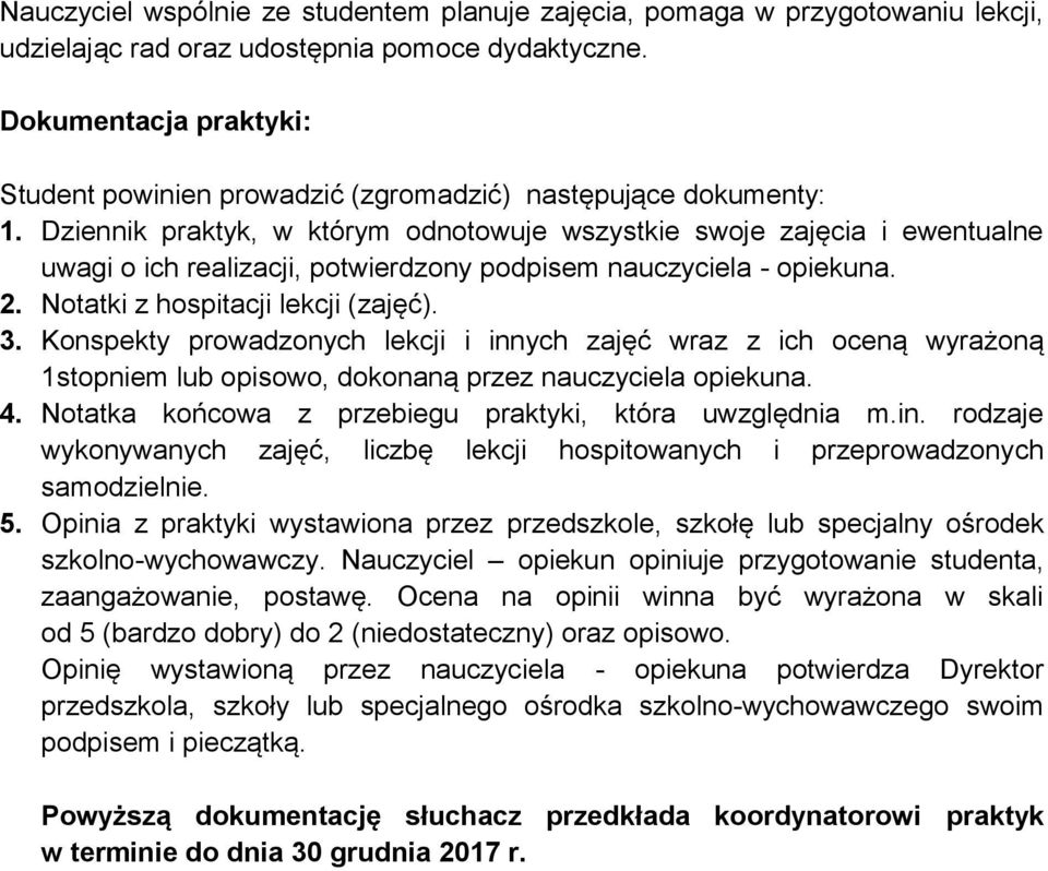 Dziennik praktyk, w którym odnotowuje wszystkie swoje zajęcia i ewentualne uwagi o ich realizacji, potwierdzony podpisem nauczyciela - opiekuna. 2. Notatki z hospitacji lekcji (zajęć). 3.