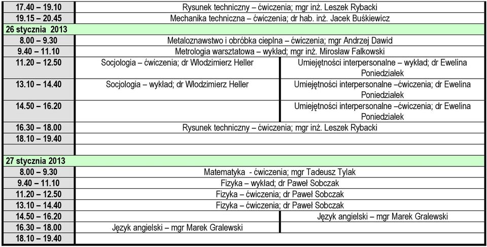 50 Socjologia ćwiczenia; dr Włodzimierz Heller Umiejętności interpersonalne wykład; dr Ewelina Umiejętności interpersonalne ćwiczenia; dr Ewelina Rysunek techniczny