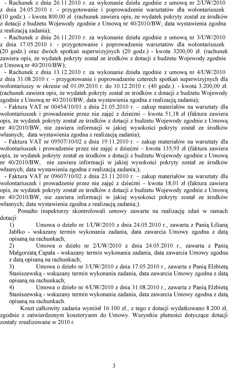 za wykonanie dzieła zgodnie z umową nr 3/UW/2010 z dnia 17.05.2010 r. - przygotowanie i poprowadzenie warsztatów dla wolontariuszek (20 godz.) oraz dwóch spotkań superwizyjnych (20 godz.