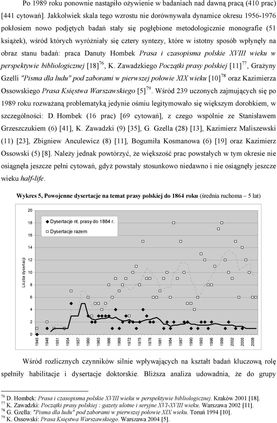 cztery syntezy, które w istotny sposób wpłynęły na obraz stanu badań: praca Danuty Hombek Prasa i czasopisma polskie XVIII wieku w perspektywie bibliologicznej [18] 76, K.