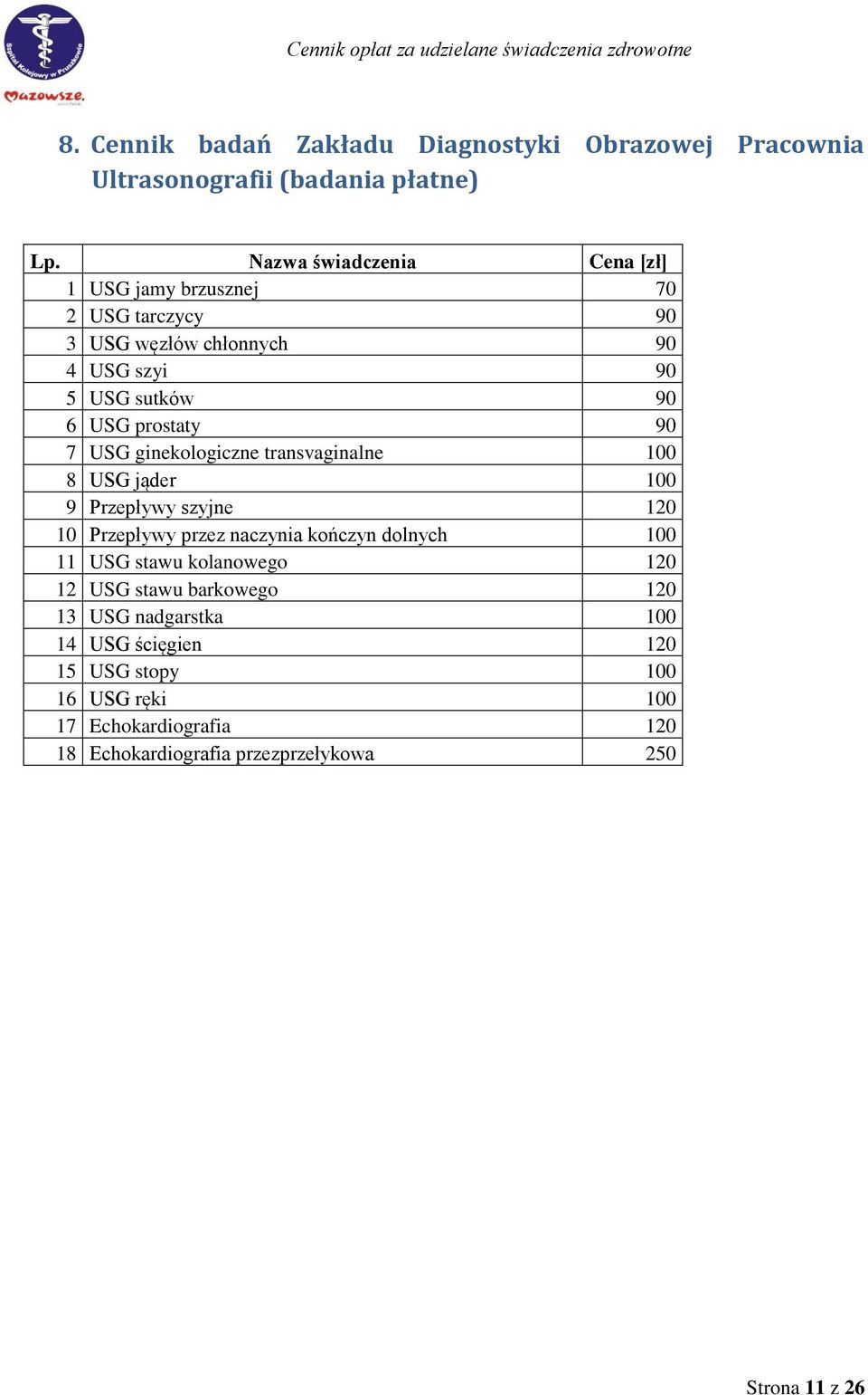 Przepływy szyjne 120 10 Przepływy przez naczynia kończyn dolnych 100 11 USG stawu kolanowego 120 12 USG stawu barkowego 120 13 USG