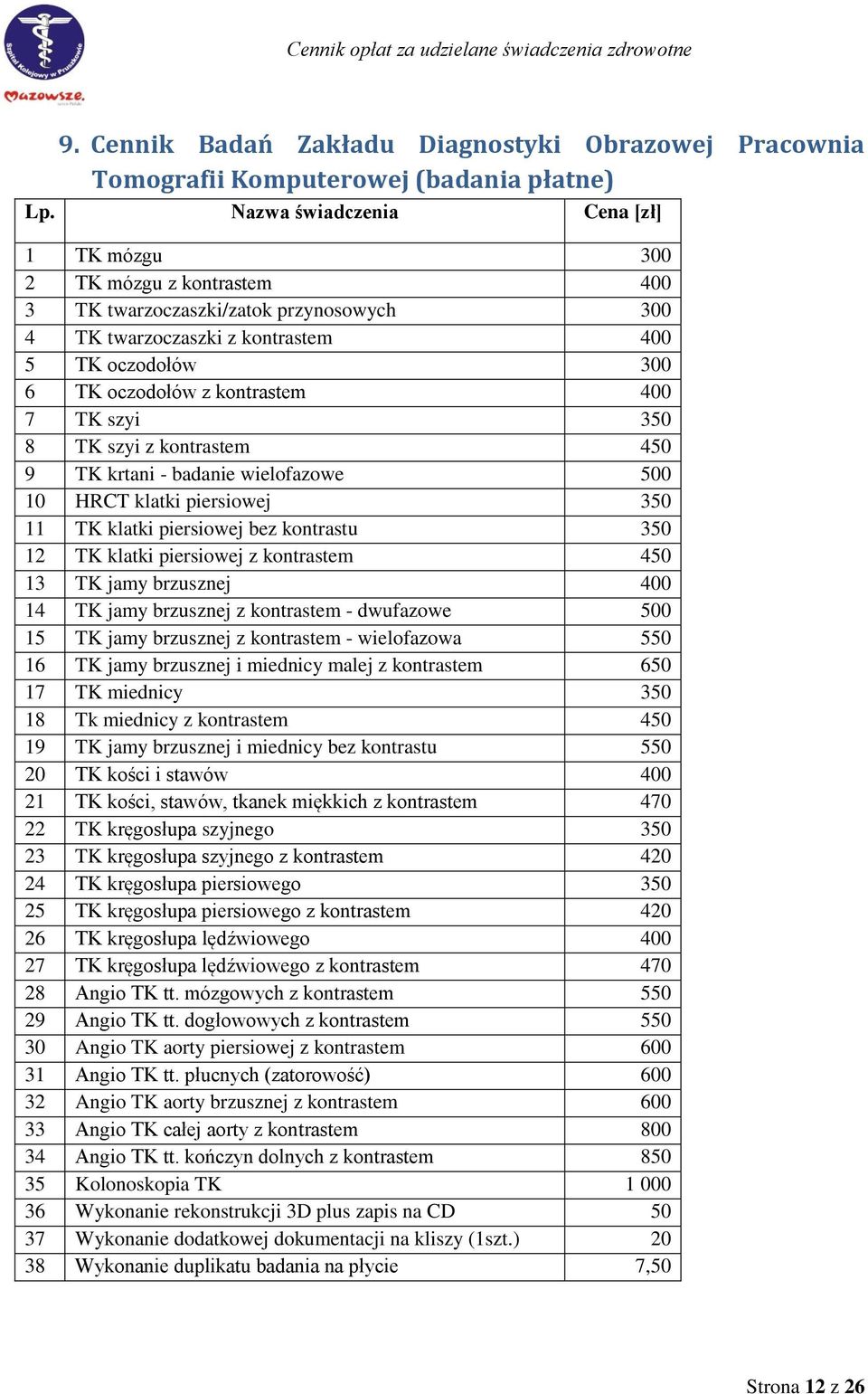 klatki piersiowej bez kontrastu 350 12 TK klatki piersiowej z kontrastem 450 13 TK jamy brzusznej 400 14 TK jamy brzusznej z kontrastem - dwufazowe 500 15 TK jamy brzusznej z kontrastem - wielofazowa