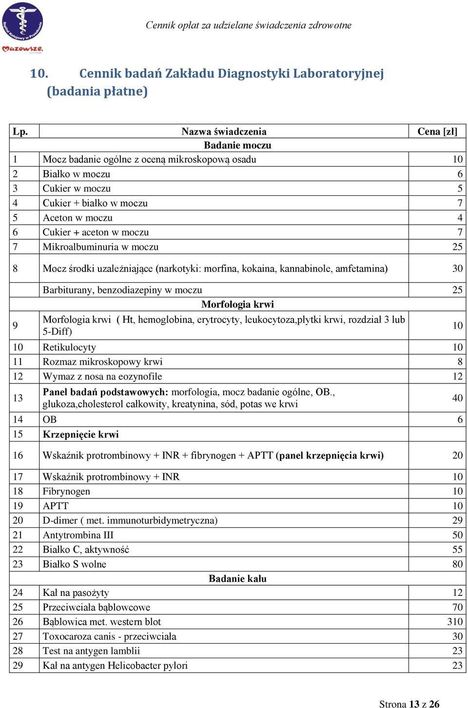 moczu 25 Morfologia krwi Morfologia krwi ( Ht, hemoglobina, erytrocyty, leukocytoza,płytki krwi, rozdział 3 lub 5-Diff) 10 Retikulocyty 10 11 Rozmaz mikroskopowy krwi 8 12 Wymaz z nosa na eozynofile