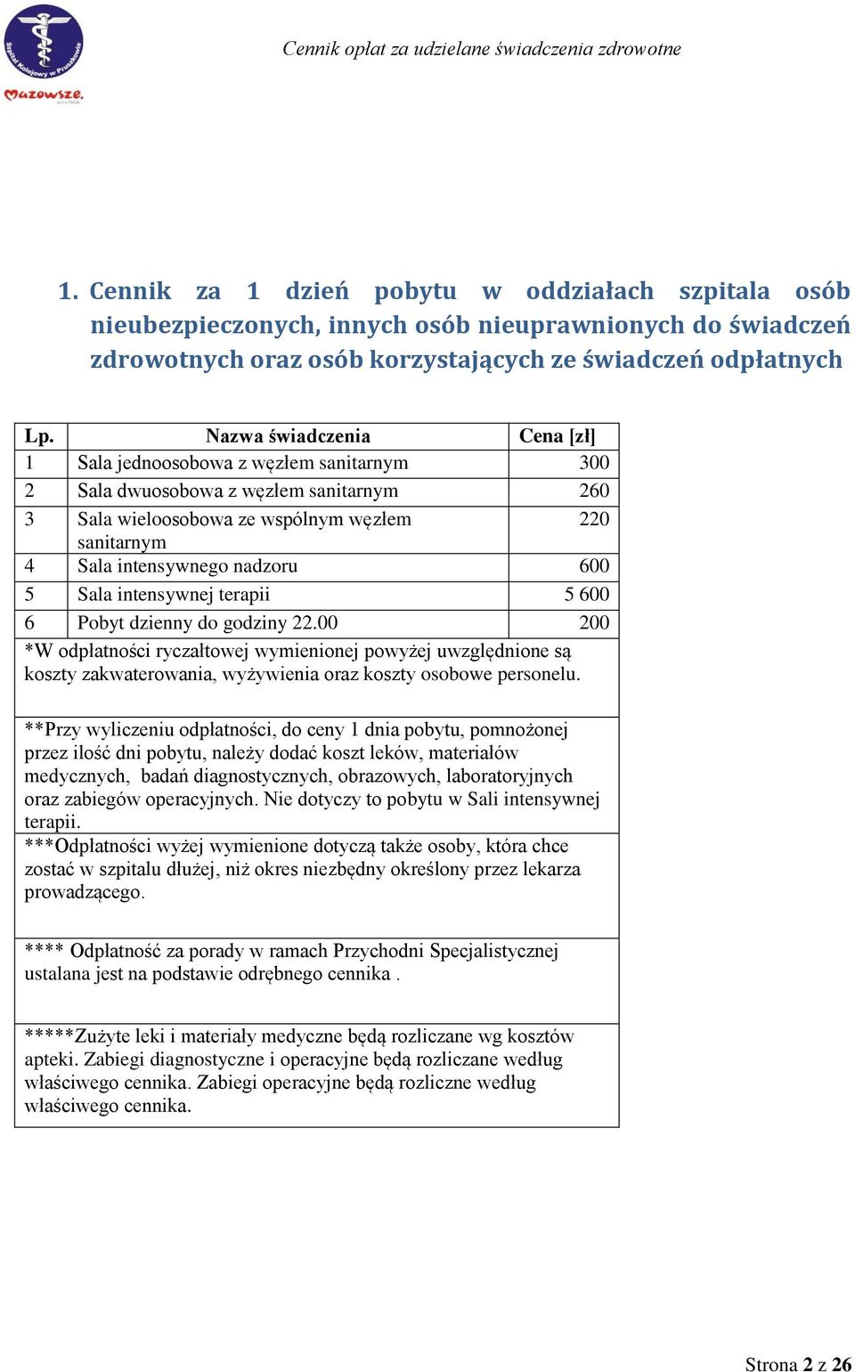 do godziny 22.00 200 *W odpłatności ryczałtowej wymienionej powyżej uwzględnione są koszty zakwaterowania, wyżywienia oraz koszty osobowe personelu.