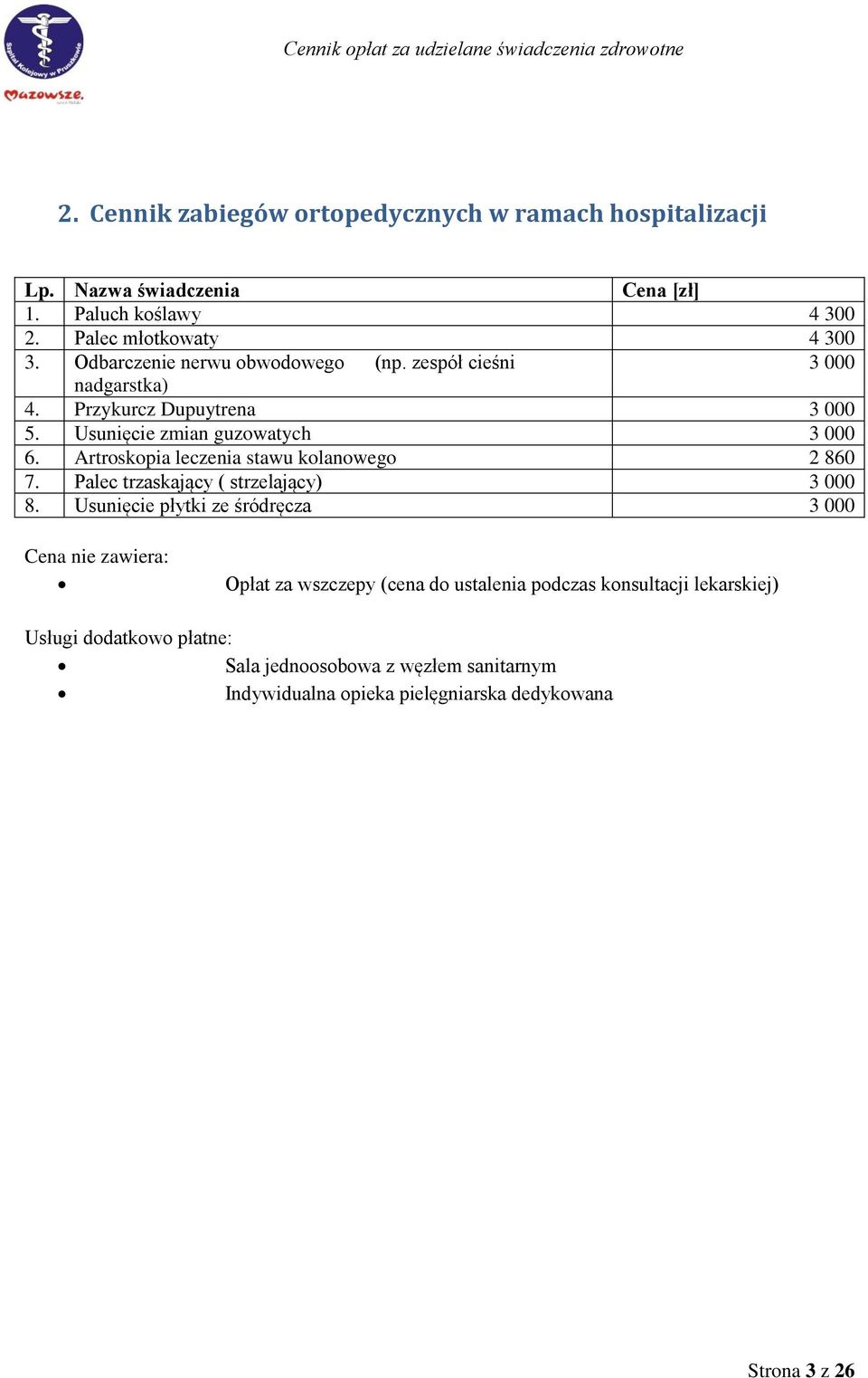 Artroskopia leczenia stawu kolanowego 2 860 7. Palec trzaskający ( strzelający) 3 000 8.