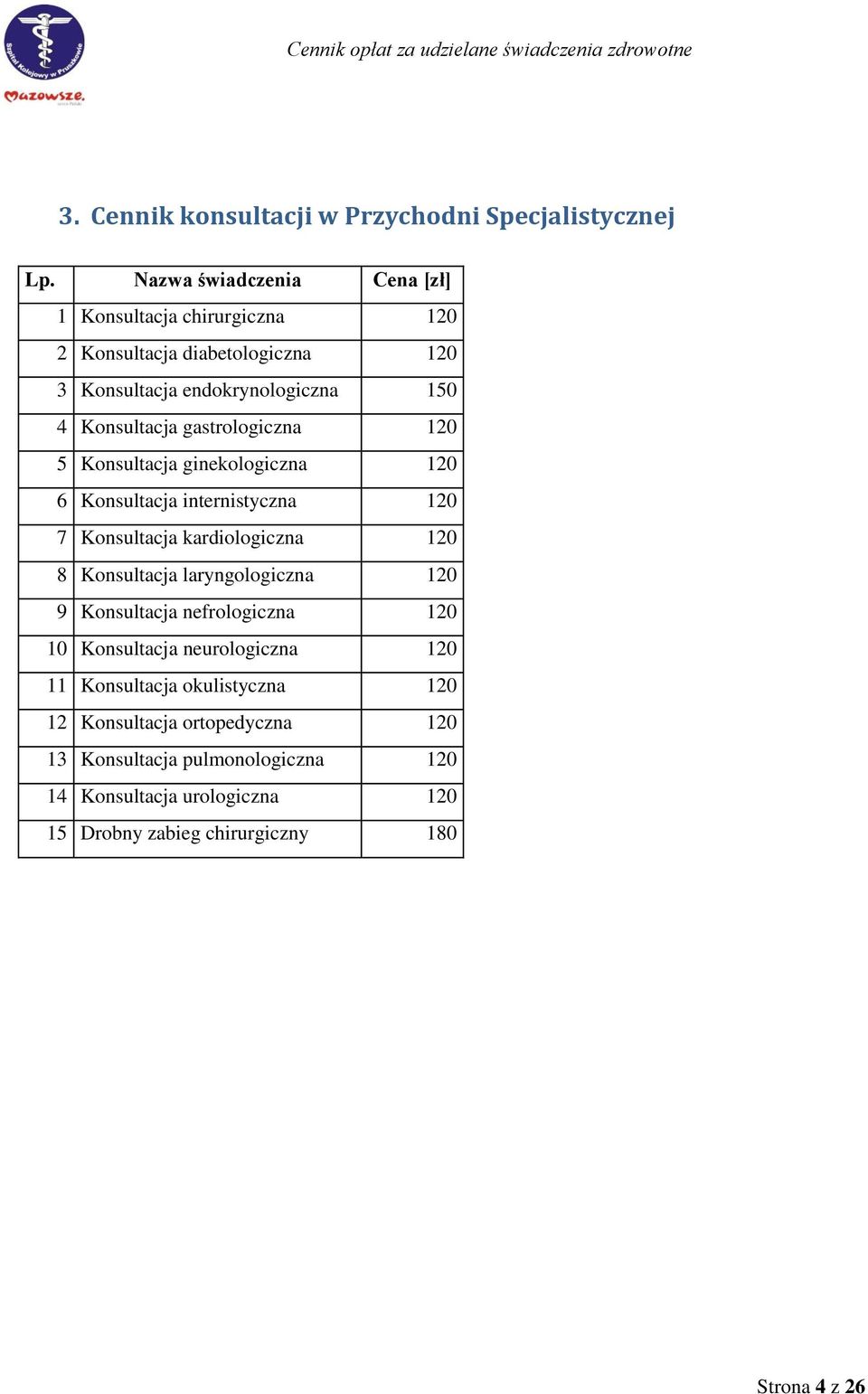 kardiologiczna 120 8 Konsultacja laryngologiczna 120 9 Konsultacja nefrologiczna 120 10 Konsultacja neurologiczna 120 11 Konsultacja