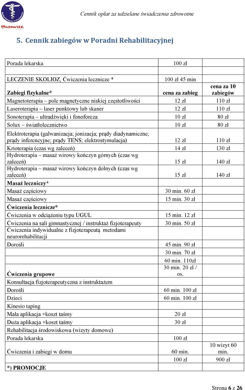 Elektroterapia (galwanizacja; jonizacja; prądy diadynamiczne; prądy inferencyjne; prądy TENS; elektrostymulacja) 12 zł 110 zł Krioterapia (czas wg zaleceń) 14 zł 130 zł Hydroterapia masaż wirowy