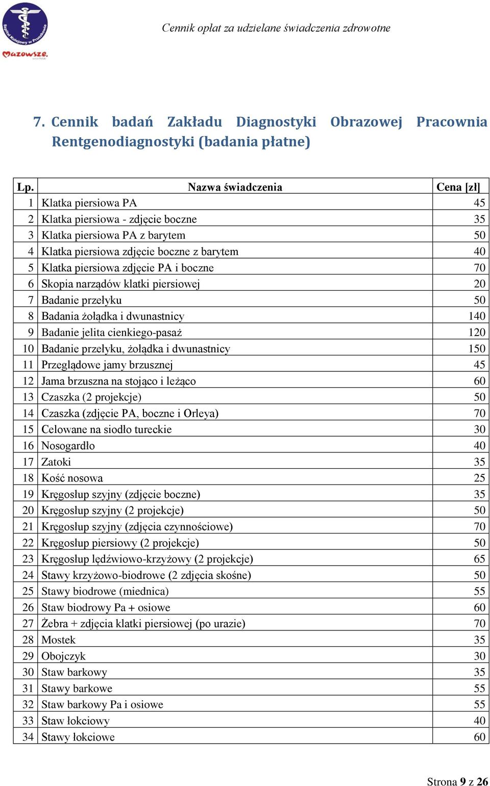 jelita cienkiego-pasaż 120 10 Badanie przełyku, żołądka i dwunastnicy 150 11 Przeglądowe jamy brzusznej 45 12 Jama brzuszna na stojąco i leżąco 60 13 Czaszka (2 projekcje) 50 14 Czaszka (zdjęcie PA,