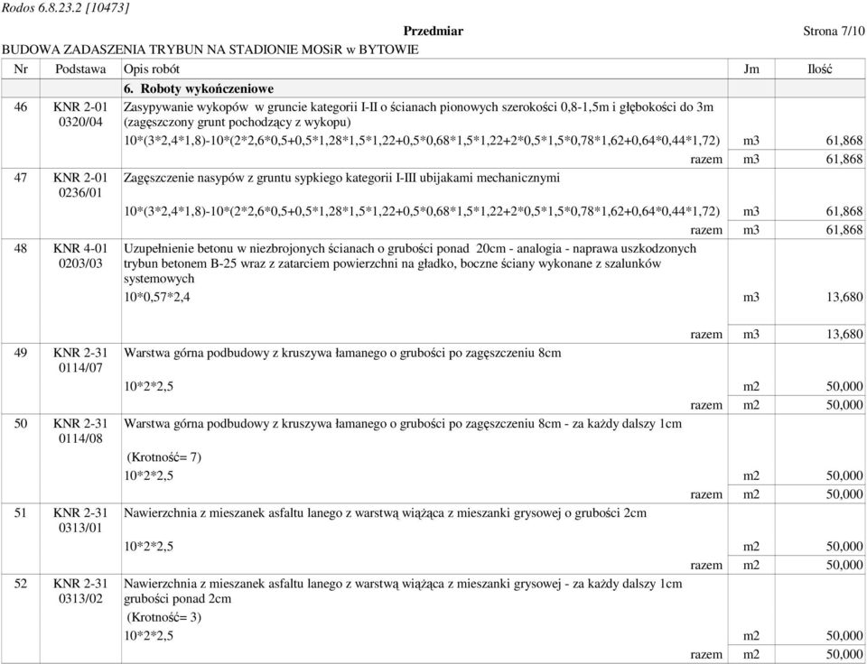 10*(3*2,4*1,8)-10*(2*2,6*0,5+0,5*1,28*1,5*1,22+0,5*0,68*1,5*1,22+2*0,5*1,5*0,78*1,62+0,64*0,44*1,72) m3 61,868 razem m3 61,868 Zagęszczenie nasypów z gruntu sypkiego kategorii I-III ubijakami