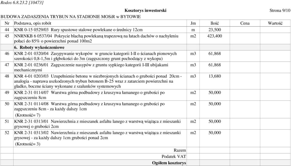 Roboty wykończeniowe 46 KNR 2-01 0320/04 Zasypywanie wykopów w gruncie kategorii I-II o ścianach pionowych m3 61,868 szerokości 0,8-1,5m i głębokości do 3m (zagęszczony grunt pochodzący z wykopu) 47