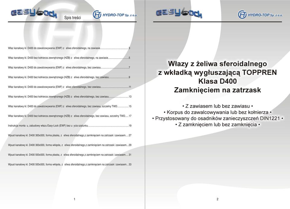 .. 9 Właz kanałowy kl. D400 do zawalcowywania (EWF) z żeliwa sferoidalnego, bez zawiasu... 11 Właz kanałowy kl. D400 bez kołnierza zewnętrznego (HZB) z żeliwa sferoidalnego, bez zawiasu.