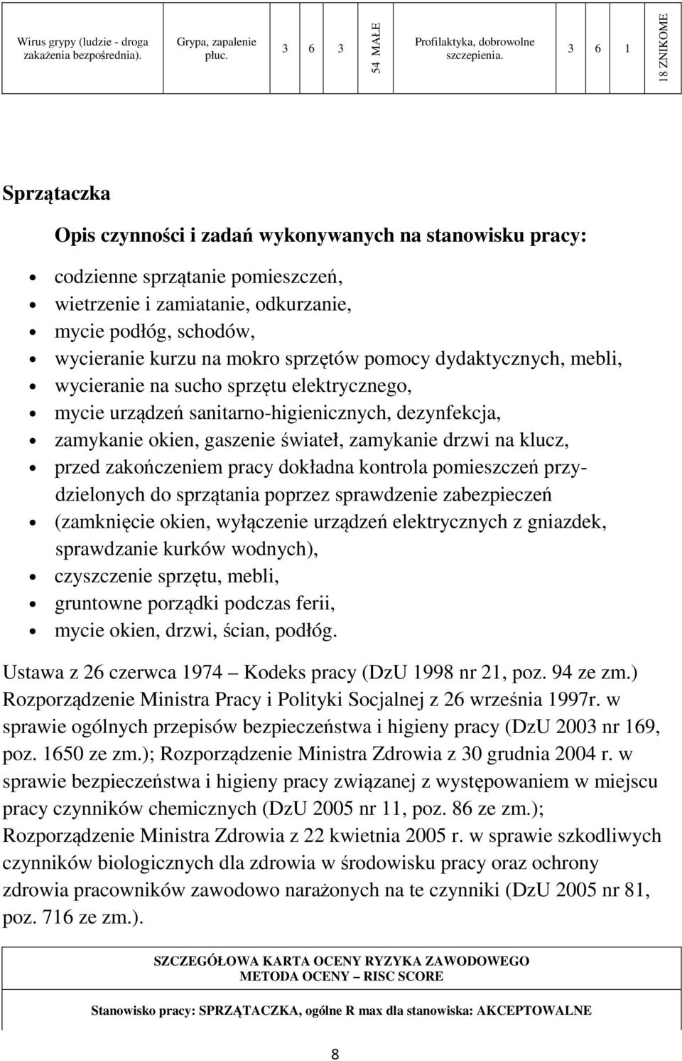 pomocy dydaktycznych, mebli, wycieranie na sucho sprzętu elektrycznego, mycie urządzeń sanitarno-higienicznych, dezynfekcja, zamykanie okien, gaszenie świateł, zamykanie drzwi na klucz, przed