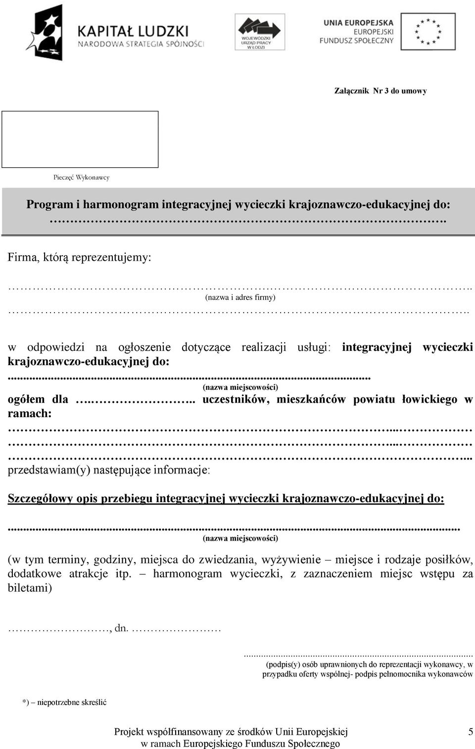 .. uczestników, mieszkańców powiatu łowickiego w ramach:......... przedstawiam(y) następujące informacje: Szczegółowy opis przebiegu integracyjnej wycieczki krajoznawczo-edukacyjnej do:.