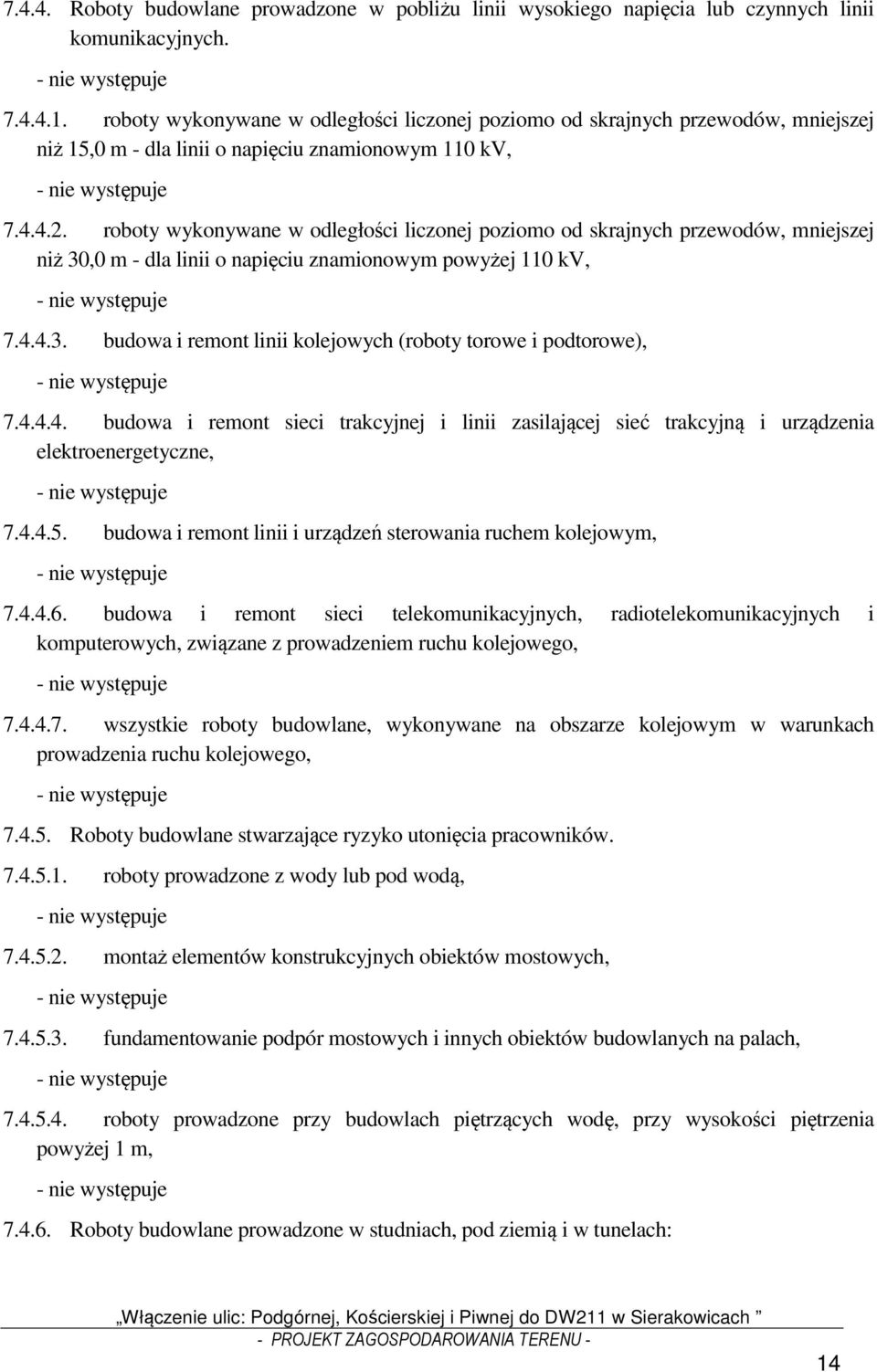 roboty wykonywane w odległości liczonej poziomo od skrajnych przewodów, mniejszej niż 30,0 m - dla linii o napięciu znamionowym powyżej 110 kv, - nie występuje 7.4.4.3. budowa i remont linii kolejowych (roboty torowe i podtorowe), - nie występuje 7.