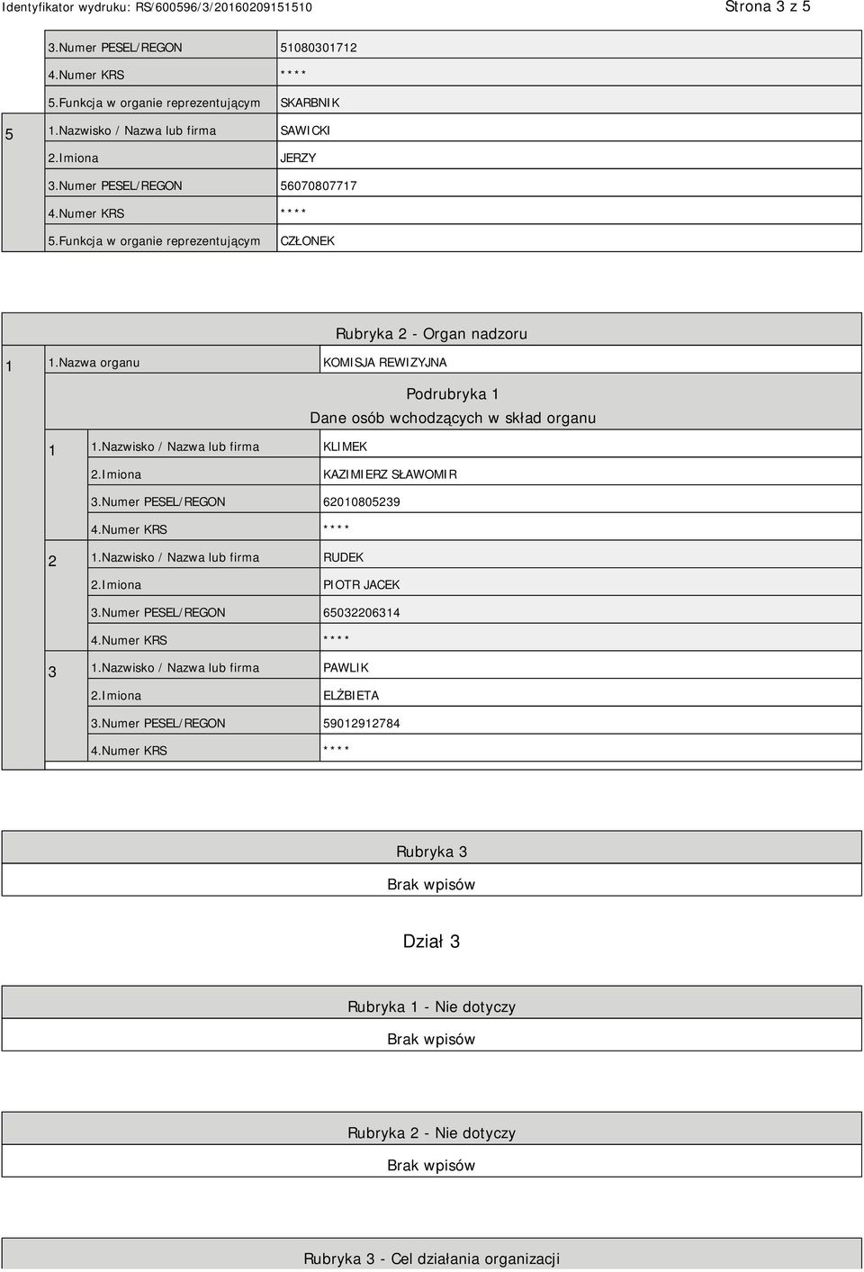 Nazwa organu KOMISJA REWIZYJNA Podrubryka 1 Dane osób wchodzących w skład organu 1 1.Nazwisko / Nazwa lub firma KLIMEK KAZIMIERZ SŁAWOMIR 3.