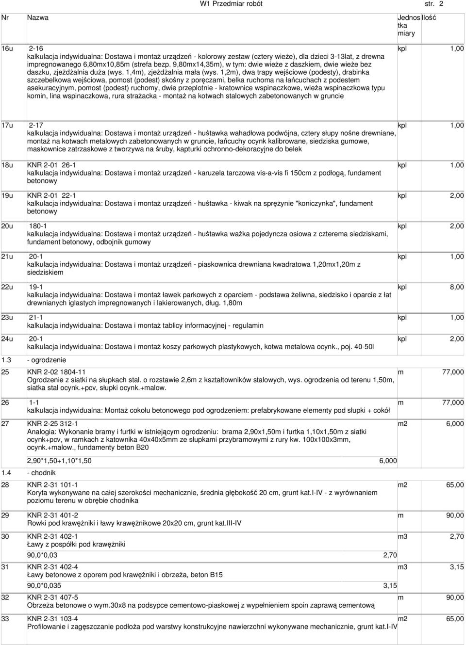 9,80x14,35), w ty: dwie wieŝe z daszkie, dwie wieŝe bez daszku, zjeŝdŝalnia duŝa (wys. 1,4), zjeŝdŝalnia ała (wys.