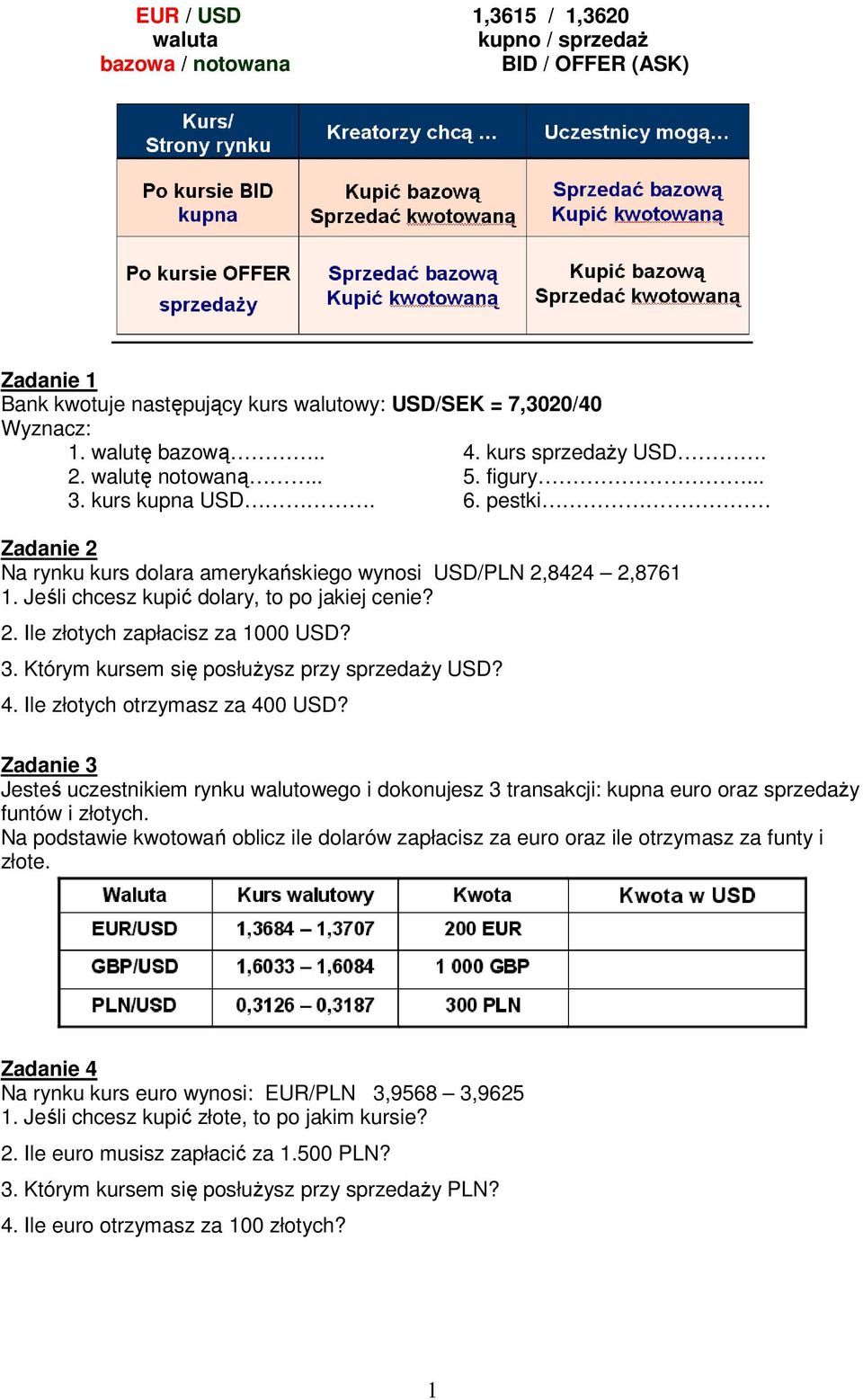 Jeśli chcesz kupić dolary, to po jakiej cenie? 2. Ile złotych zapłacisz za 1000 USD? 3. Którym kursem się posłuŝysz przy sprzedaŝy USD? 4. Ile złotych otrzymasz za 400 USD?