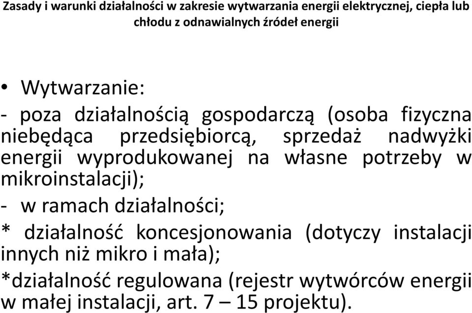 energii wyprodukowanej na własne potrzeby w mikroinstalacji); - w ramach działalności; * działalność koncesjonowania