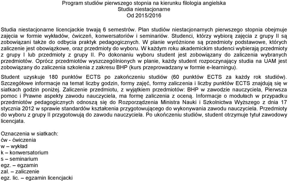 Studenci, którzy wybiorą zajęcia z grupy II są zobowiązani także do odbycia praktyk pedagogicznych.