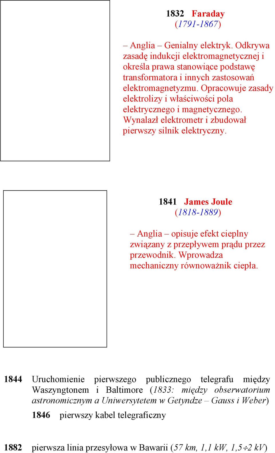 1841 James Joule (1818-1889) Anglia opisuje efekt cieplny związany z przepływem prądu przez przewodnik. Wprowadza mechaniczny równoważnik ciepła.