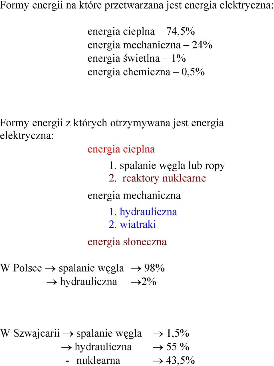 cieplna 1. spalanie węgla lub ropy 2. reaktory nuklearne energia mechaniczna 1. hydrauliczna 2.