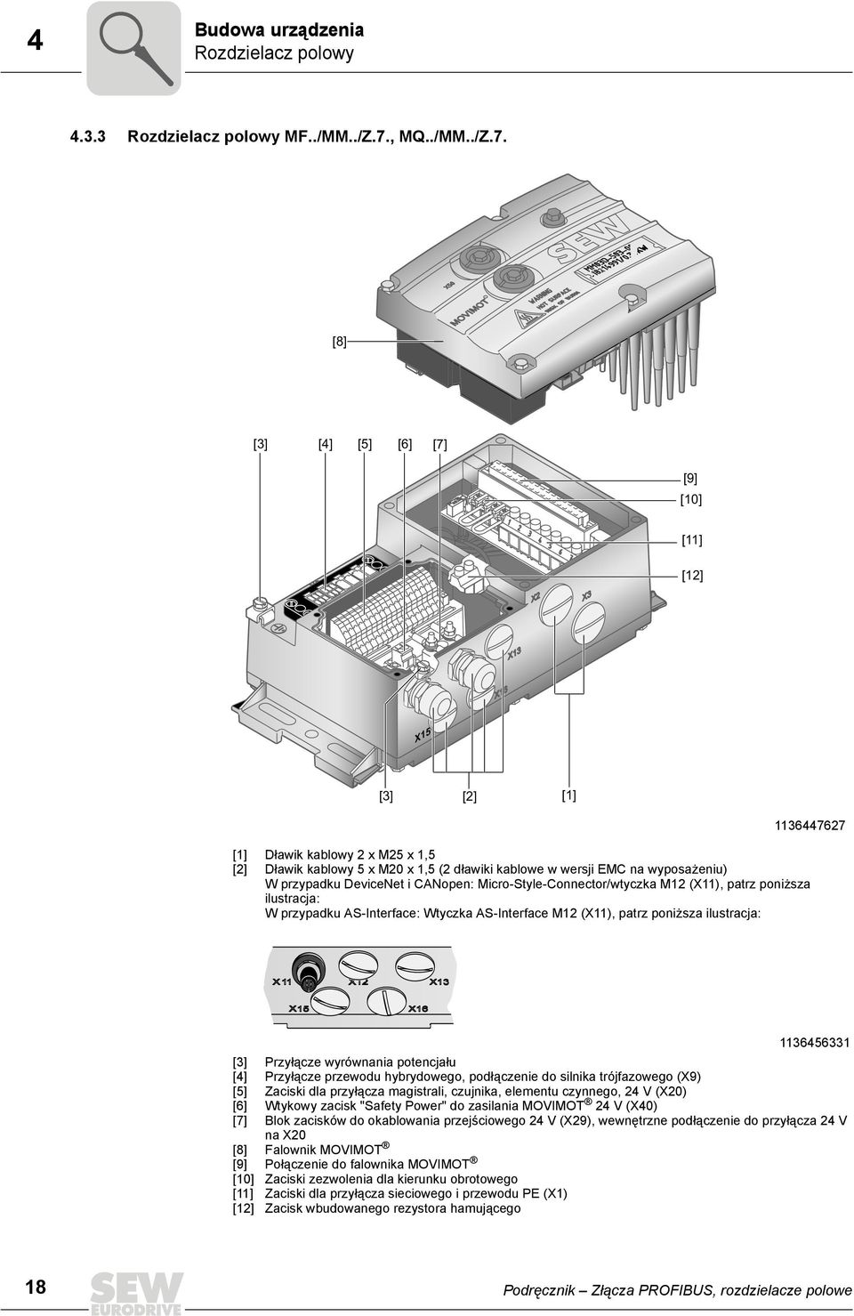 [8] [3] [4] [5] [6] [7] [9] [10] [11] [12] X15 [3] [2] [1] 1136447627 [1] [2] Dławik kablowy 2 x M25 x 1,5 Dławik kablowy 5 x M20 x 1,5 (2 dławiki kablowe w wersji EMC na wyposażeniu) W przypadku