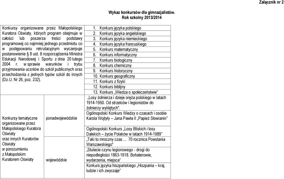 postępowaniu rekrutacyjnym wyczerpuje postanowienie 8 ust. 8 rozporządzenia Ministra Edukacji Narodowej i Sportu z dnia 20 lutego 2004 r.