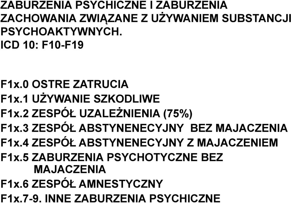 2 ZESPÓŁ UZALEŻNIENIA (75%) F1x.3 ZESPÓŁ ABSTYNENECYJNY BEZ MAJACZENIA F1x.