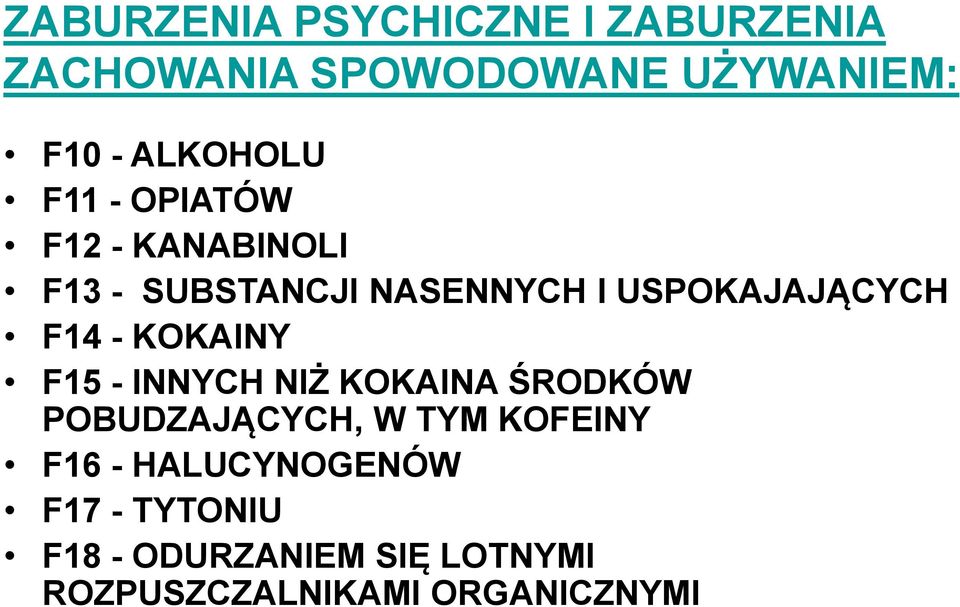 USPOKAJAJĄCYCH F14 - KOKAINY F15 - INNYCH NIŻ KOKAINA ŚRODKÓW POBUDZAJĄCYCH, W