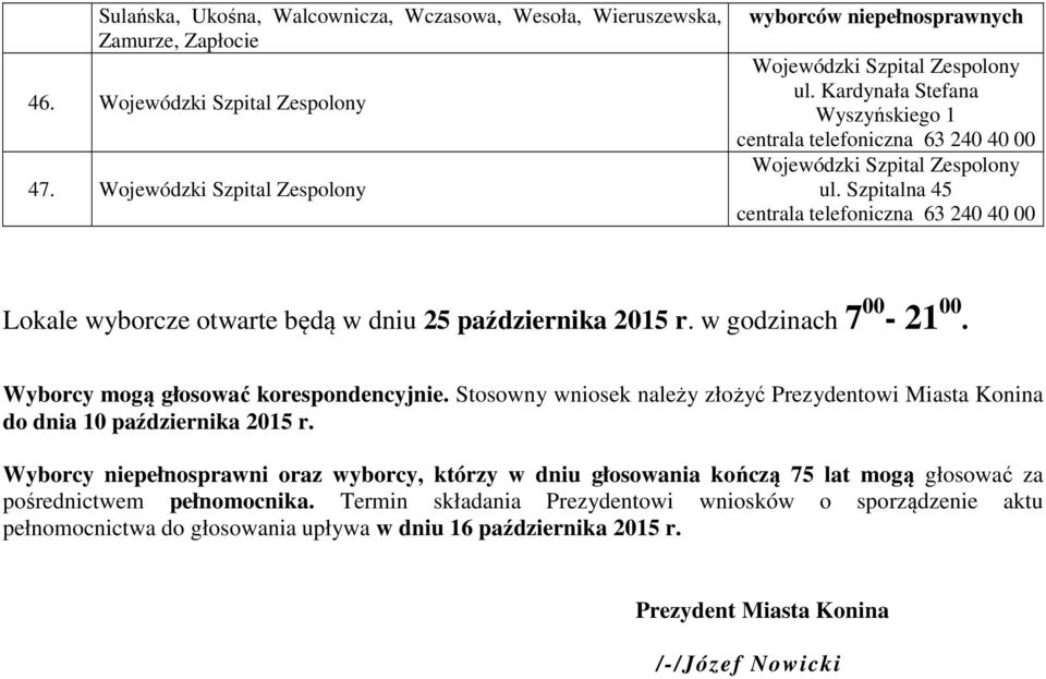 Szpitalna 45 centrala telefoniczna 63 240 40 00 Lokale wyborcze otwarte będą w dniu 25 października 2015 r. w godzinach 7 00-21 00. Wyborcy mogą głosować korespondencyjnie.