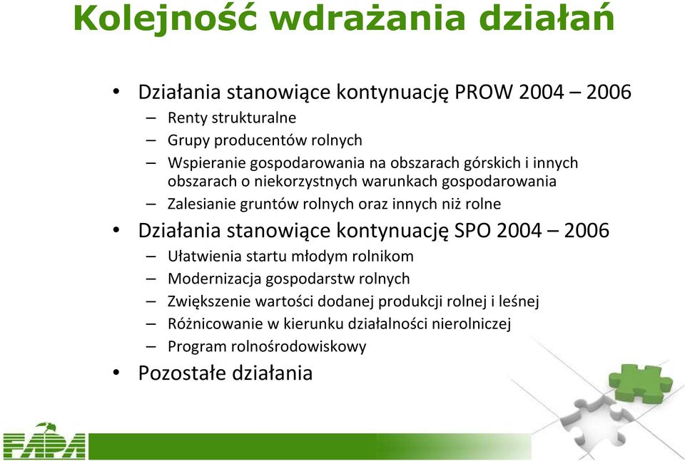 innych niż rolne Działania stanowiące kontynuację SPO 2004 2006 Ułatwienia startu młodym rolnikom Modernizacja gospodarstw rolnych