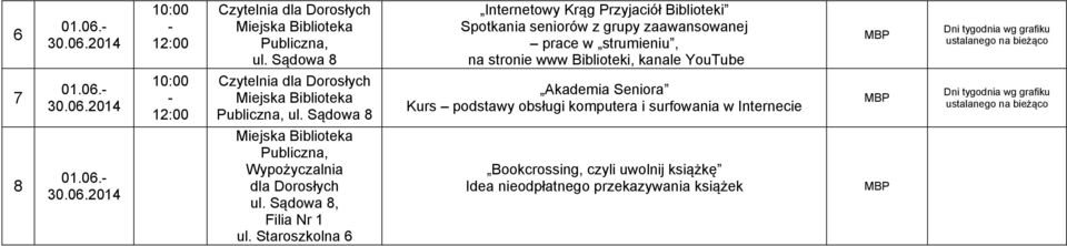 stronie www Biblioteki, kanale YouTube Dni tygodnia wg grafiku ustalanego na bieżąco 7 01.06.